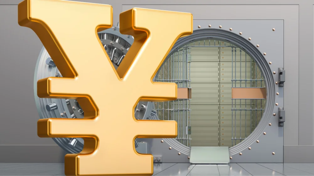 円マークと銀行の金庫のCG