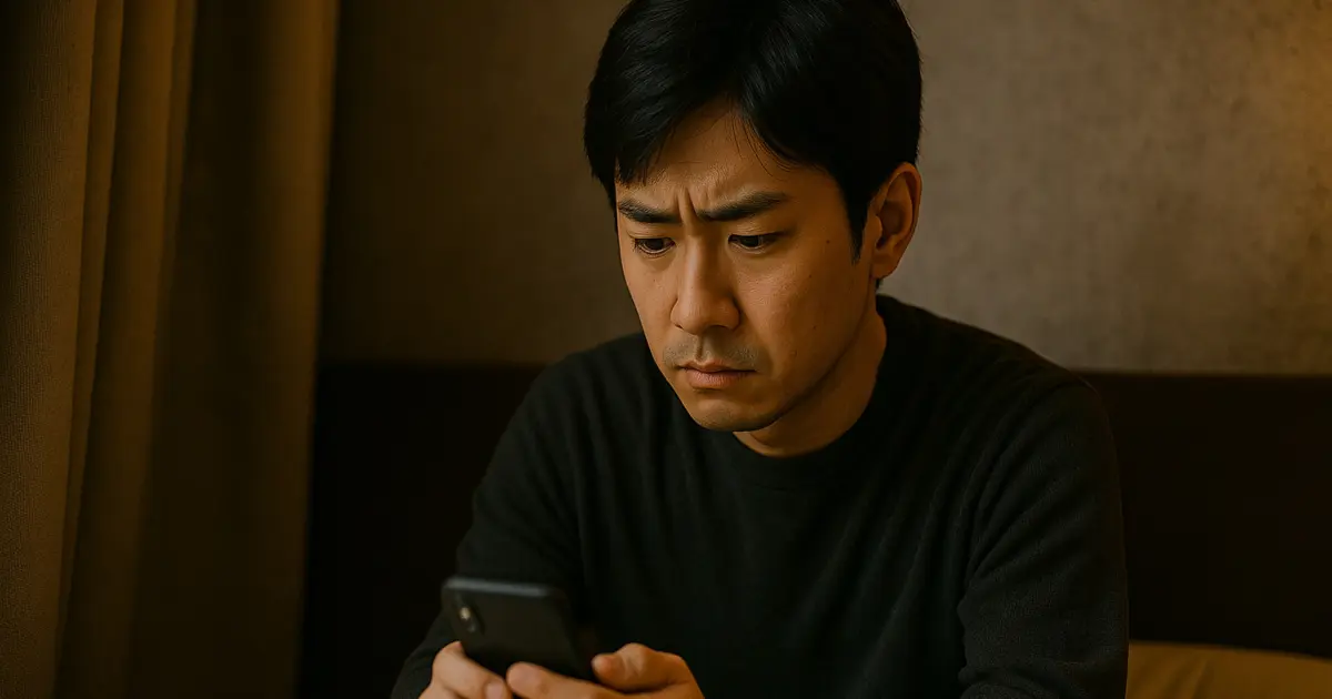 部屋でスマートフォンを操作している男性