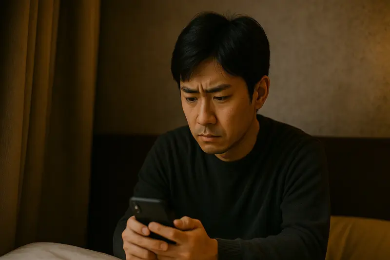 部屋でスマートフォンを操作している男性