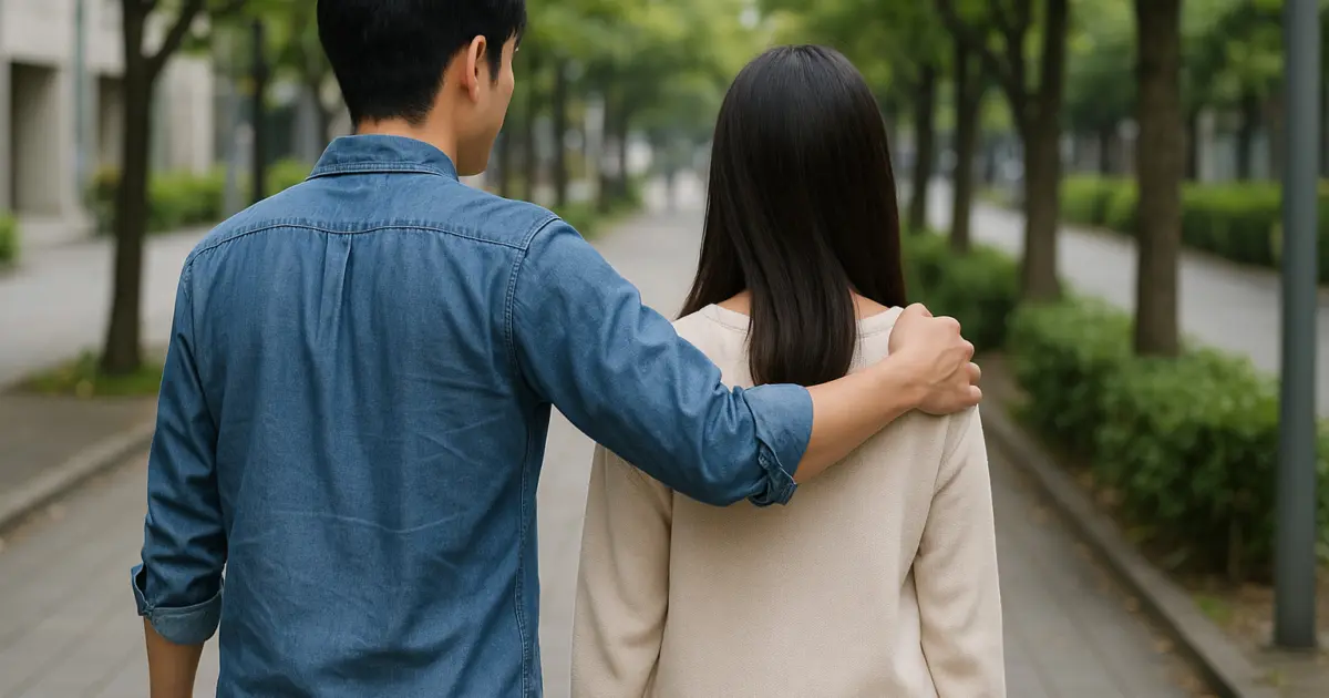 男性が女性の肩に手を回して歩いている様子