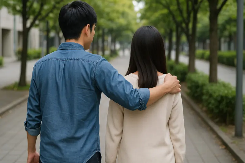 男性が女性の肩に手を回して歩いている様子