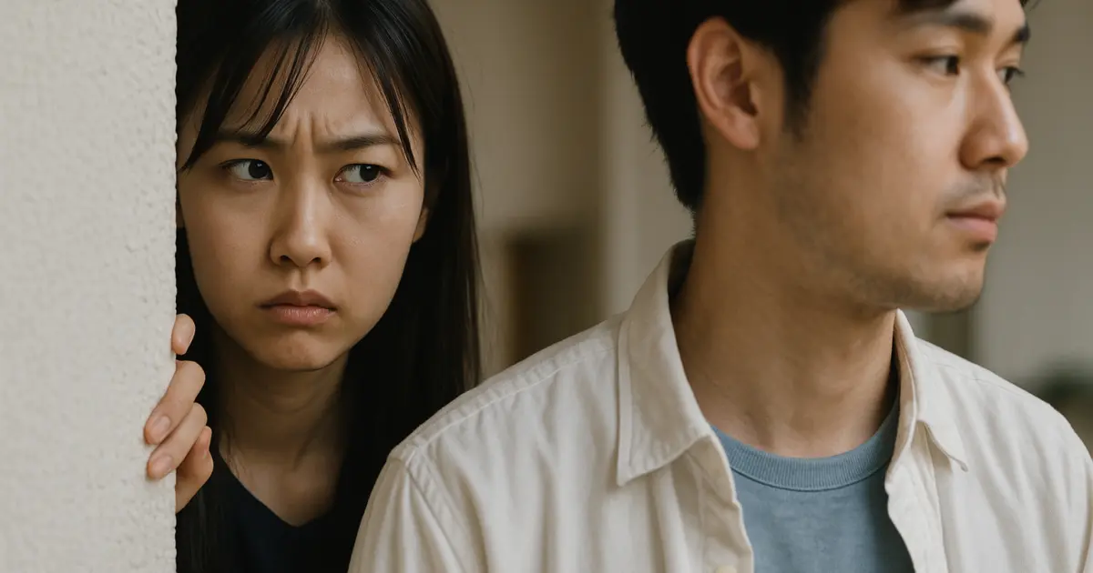 隠れて彼氏を見つめる彼女