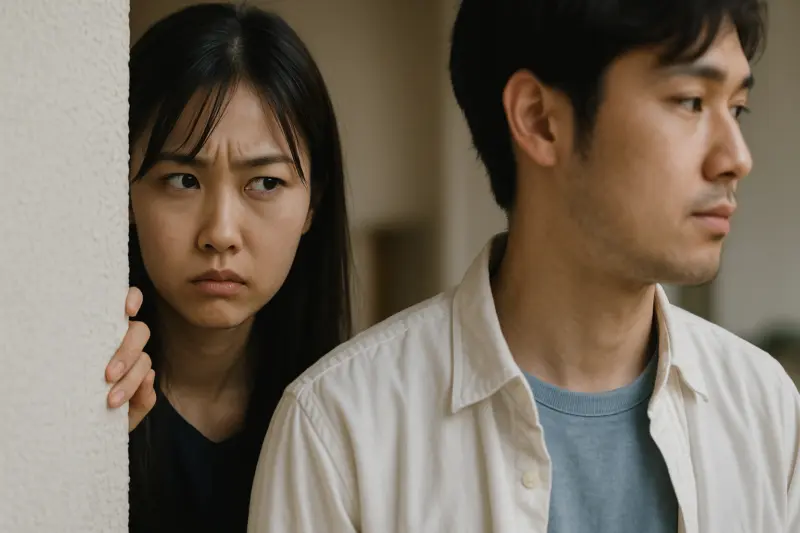 隠れて彼氏を見つめる彼女