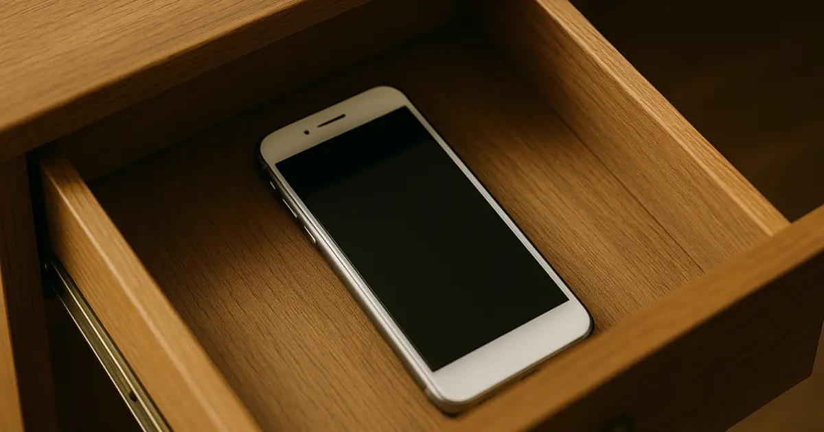 机の引き出しの中にスマートフォンが置いてある