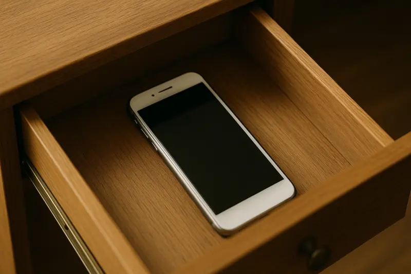 机の引き出しの中にスマートフォンが置いてある