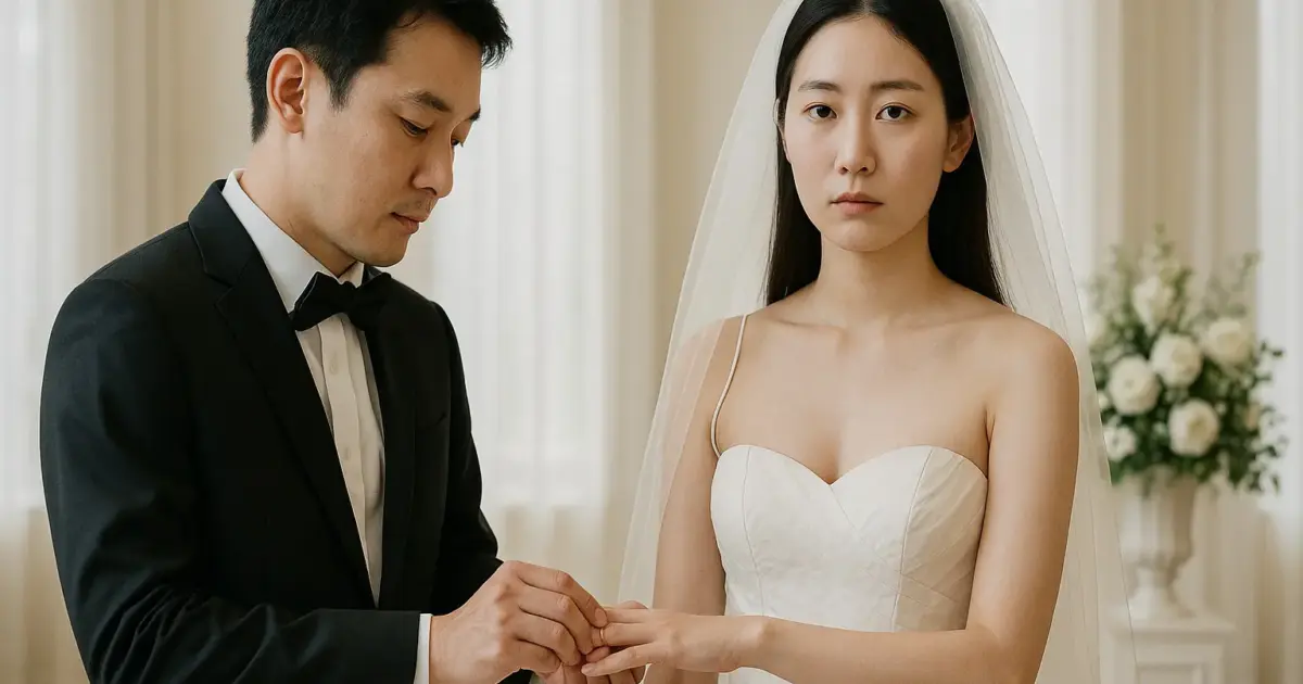 結婚式場で無表情の新婦に指輪をはめている新郎