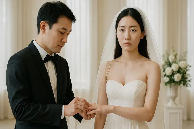 結婚式場で無表情の新婦に指輪をはめている新郎