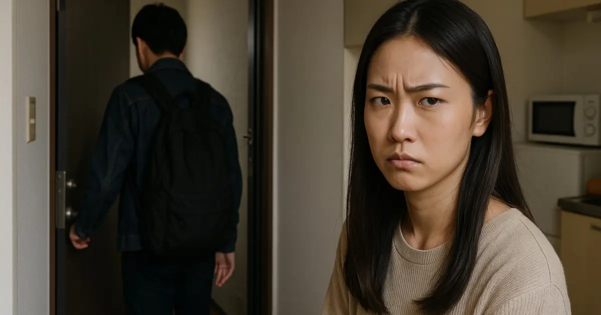 玄関から出ていく彼氏と険しい顔の彼女