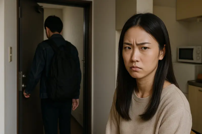玄関から出ていく彼氏と険しい顔の彼女