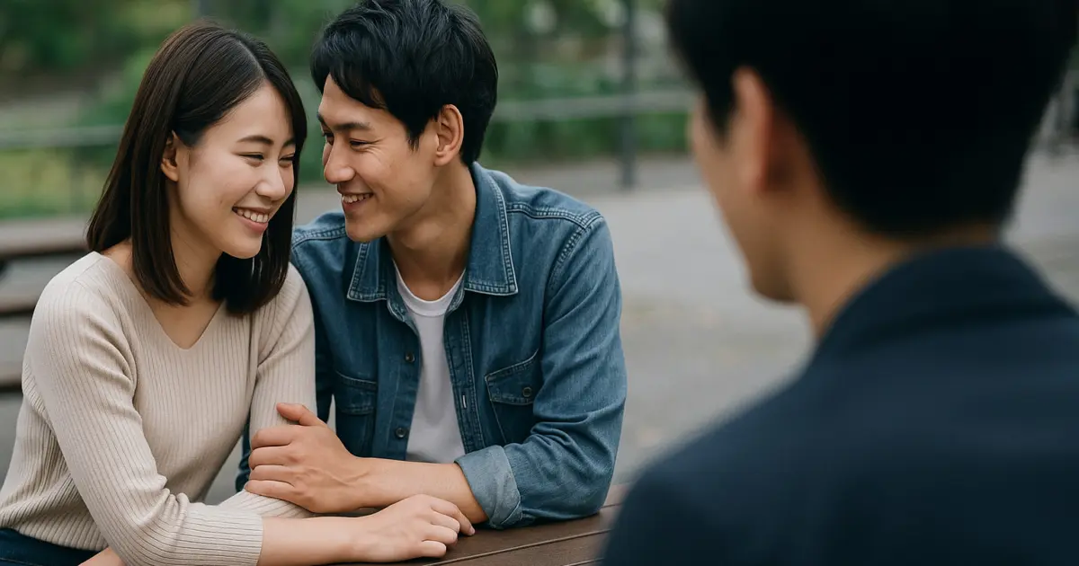 浮気紛いなことをしている男女とそれを見ている男性