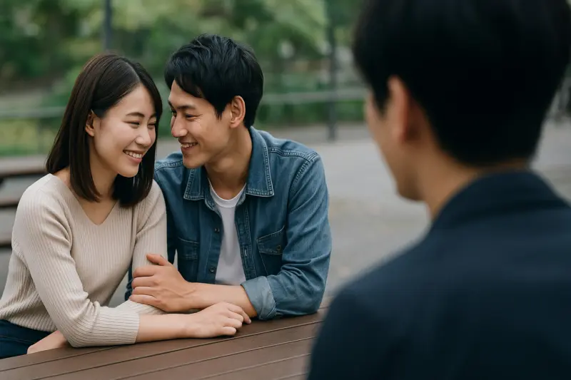 浮気紛いなことをしている男女とそれを見ている男性