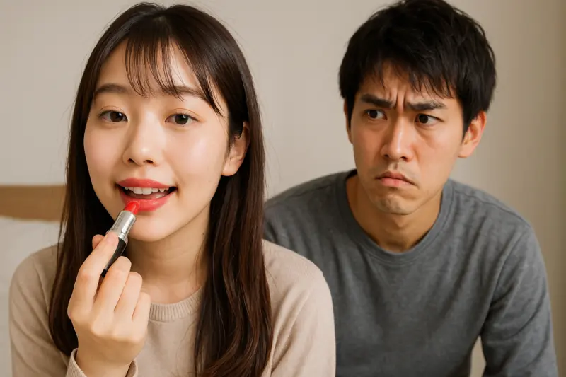 後ろから浮気ではないのか心配そうな顔をしている彼氏